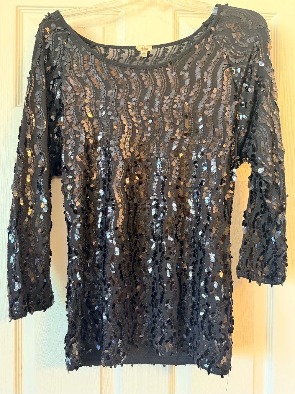 Reba Black Sequin Wave Long Sleeve Top